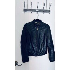 Wilsons Leather Black Women's Moto Jacket Size M Floral Lined Soft Leather